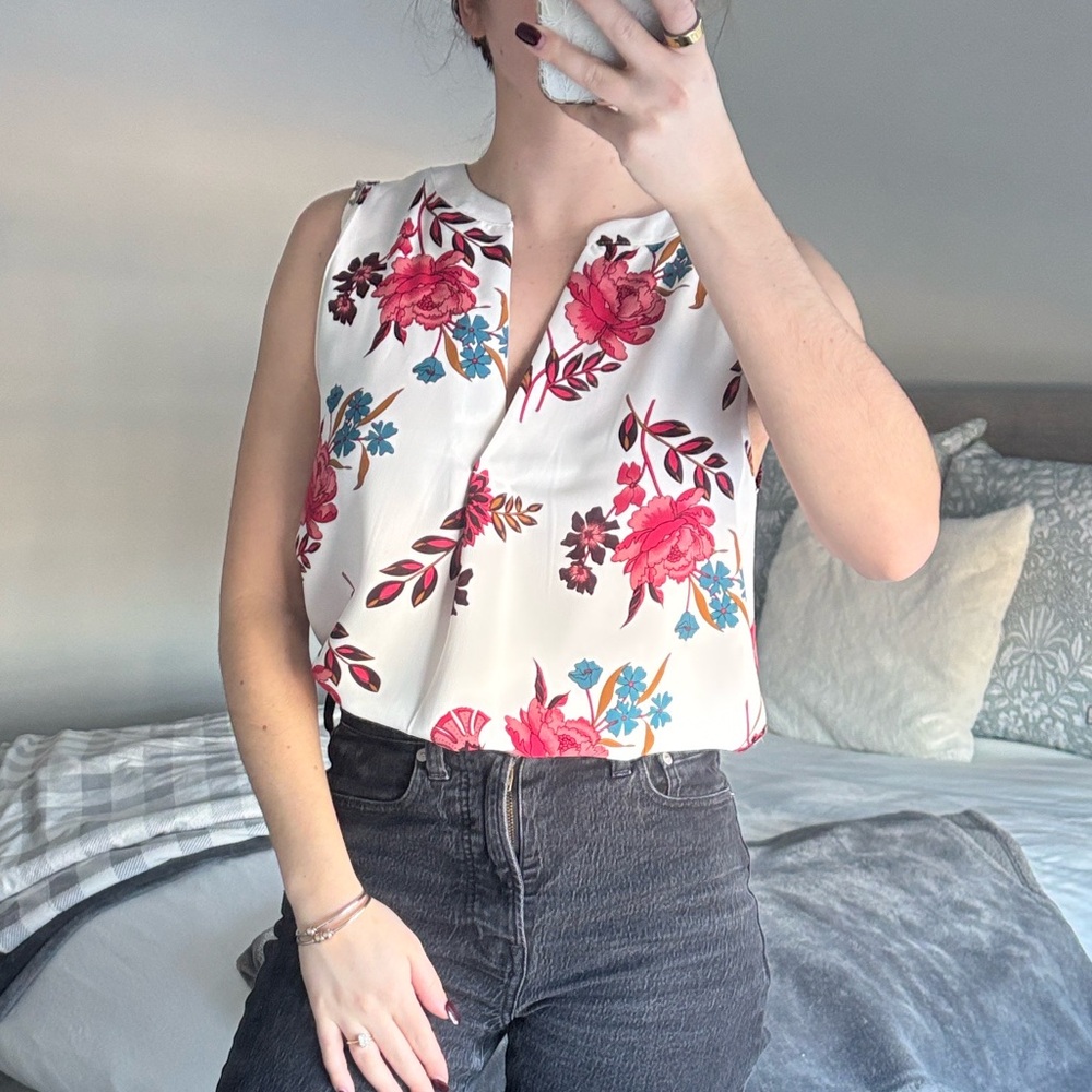 Floral Sleeveless Top - White with Pink and Blue Accents